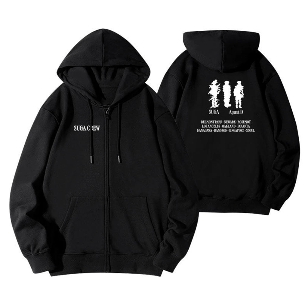 Kpop Agust D D-DAY US Solo Tour Hooded Cardigan Long Sleeved Diamon Coat Cotton Y2K Oversize Pullover Couple Hooded Sweatshirt