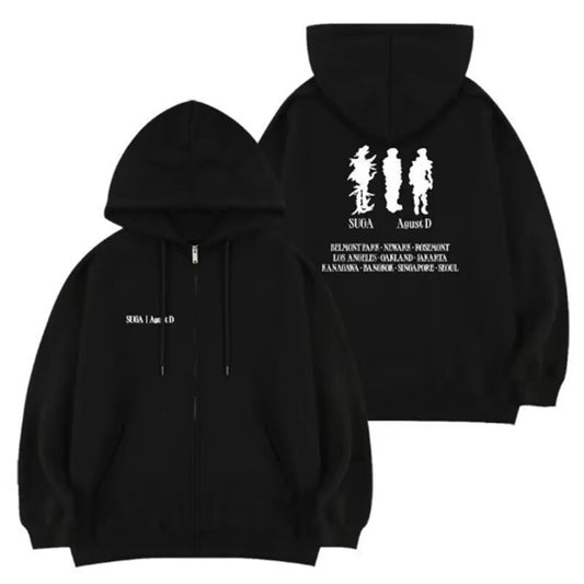 Kpop Agust D D-DAY US Solo Tour Hooded Cardigan Long Sleeved Diamon Coat Cotton Y2K Oversize Pullover Couple Hooded Sweatshirt